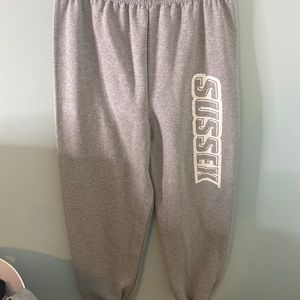 grey sweatpants, college
